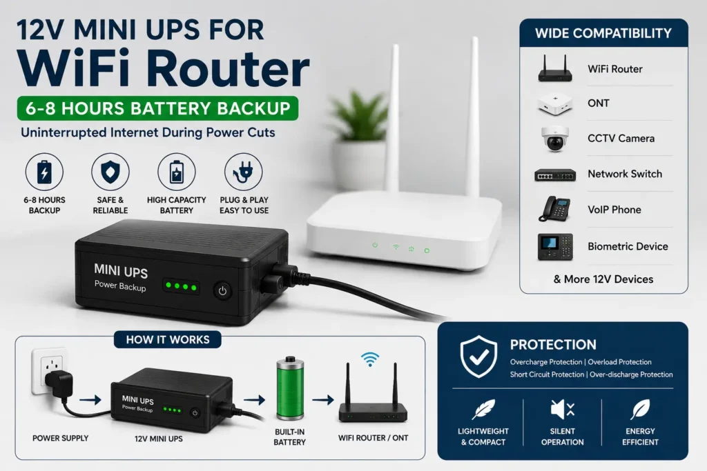 12V Mini UPS for WiFi Router with 6-8 Hours Battery Backup